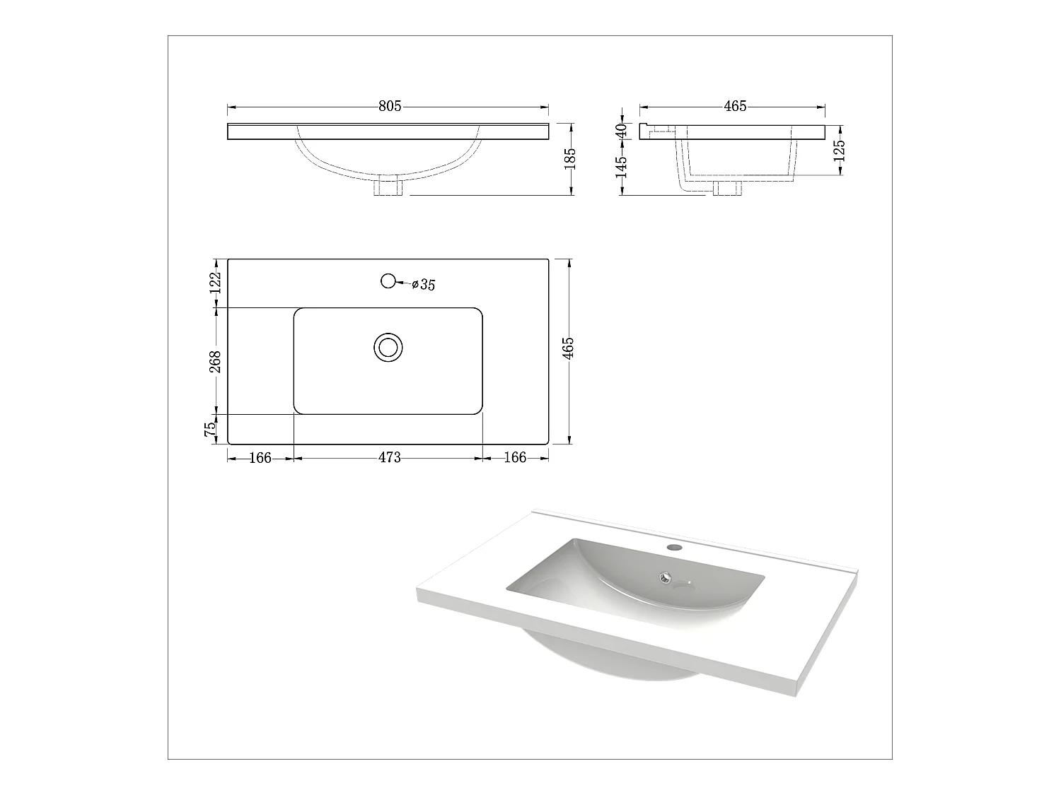 AICA Meuble de salle de bain avec vasque en céramique, 80cm,2 tiroirs,chêne - Meuble suspendu