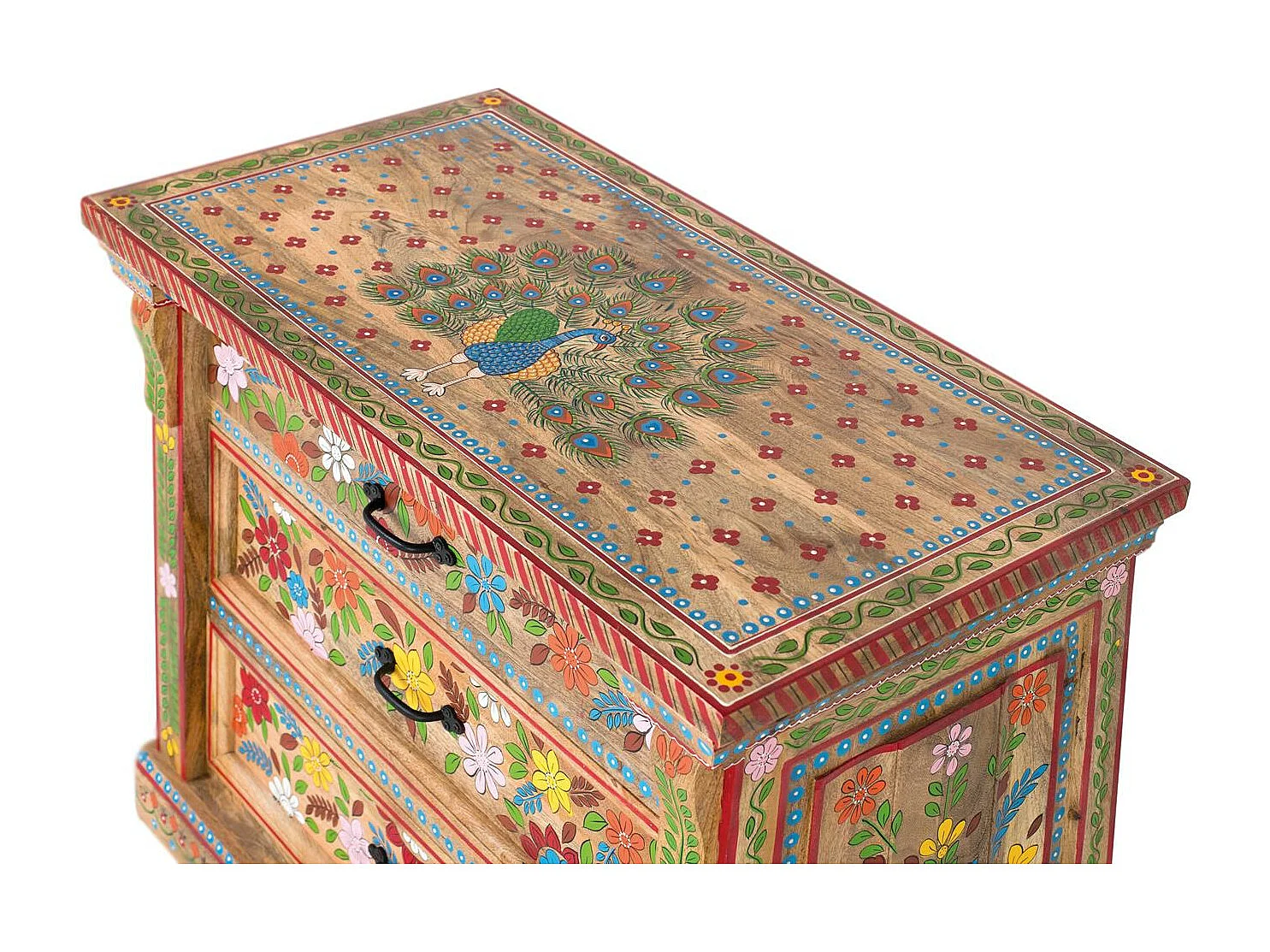 Commode à trois tiroirs en bois de manguier peint à la main