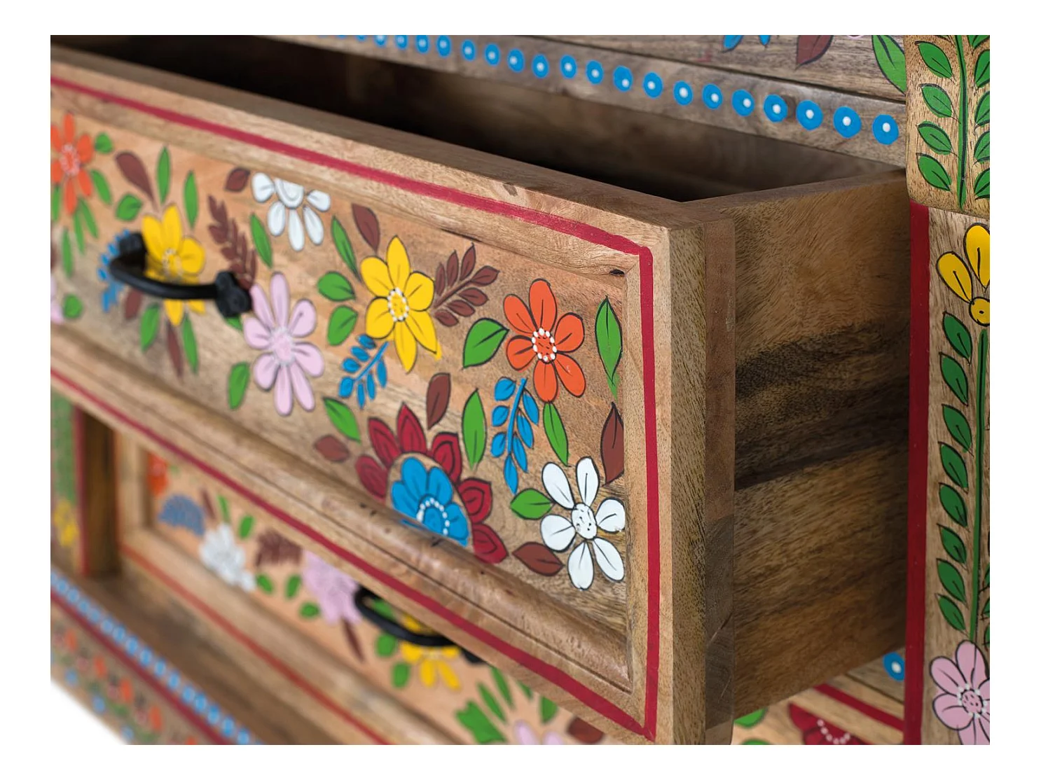 Commode à trois tiroirs en bois de manguier peint à la main