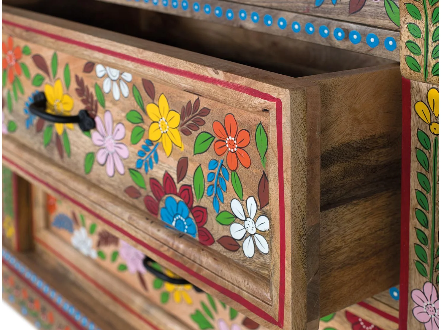 Commode à trois tiroirs en bois de manguier peint à la main