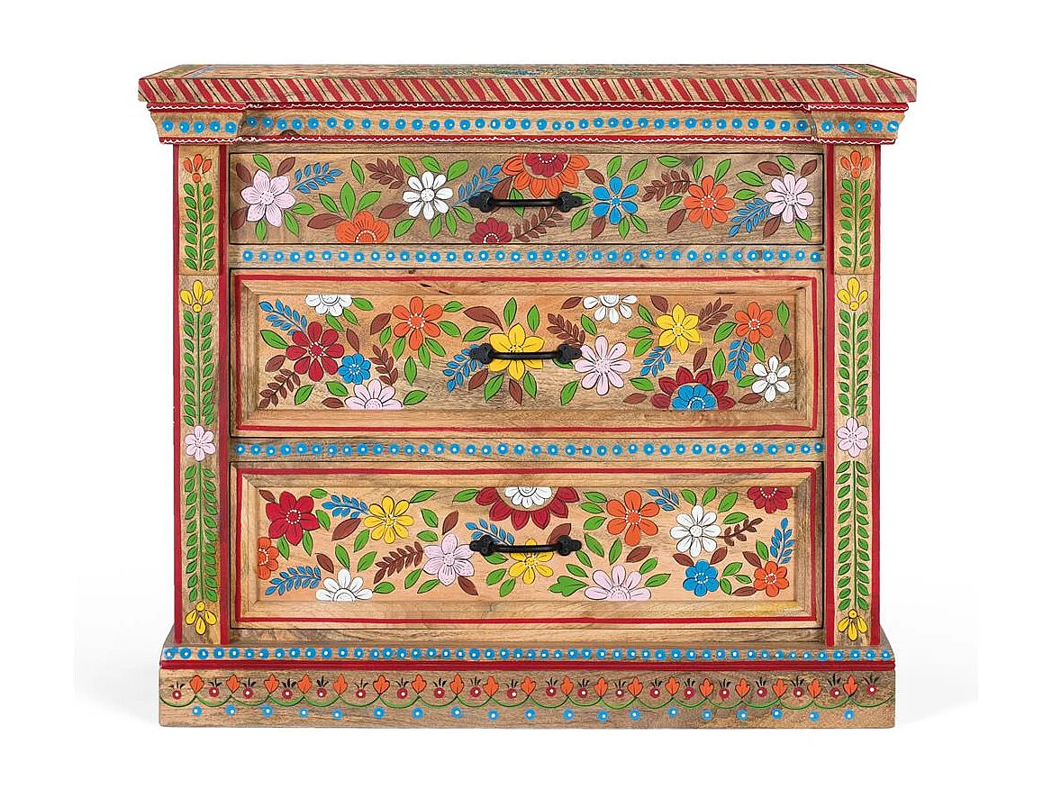 Commode à trois tiroirs en bois de manguier peint à la main