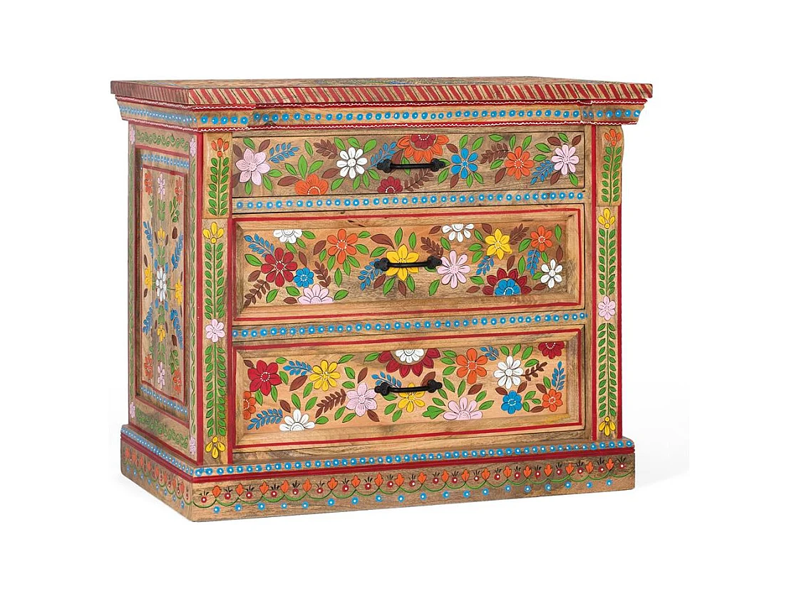 Commode à trois tiroirs en bois de manguier peint à la main