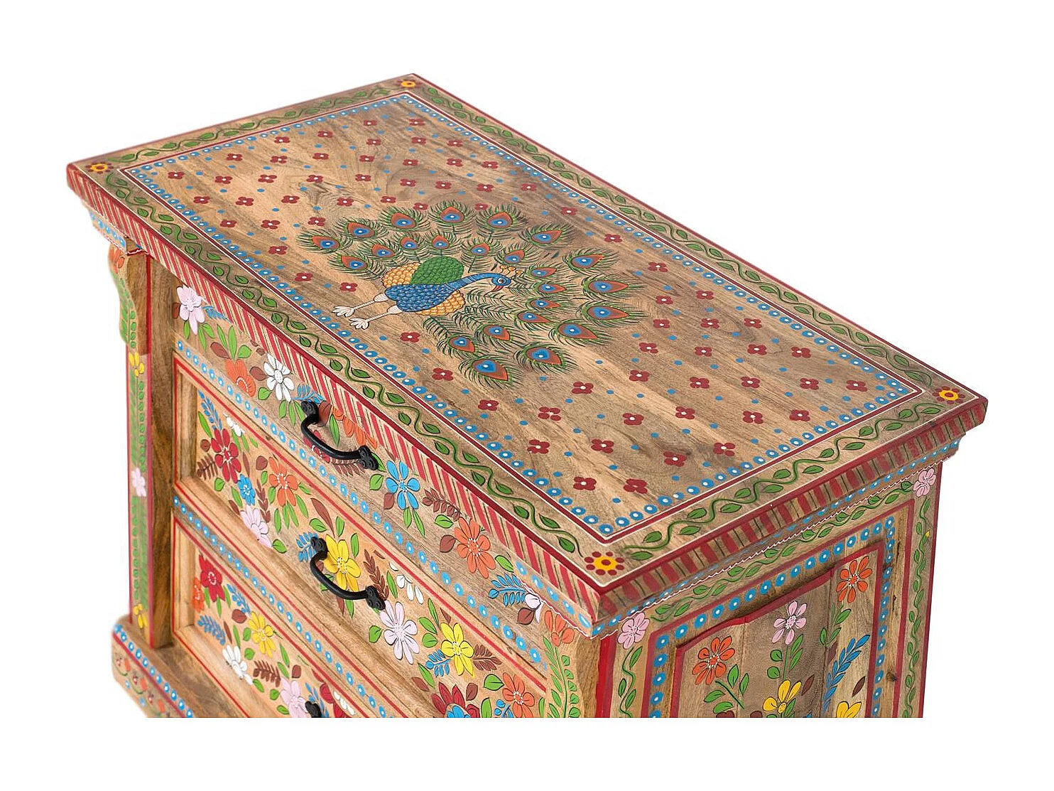 Commode à trois tiroirs en bois de manguier peint à la main