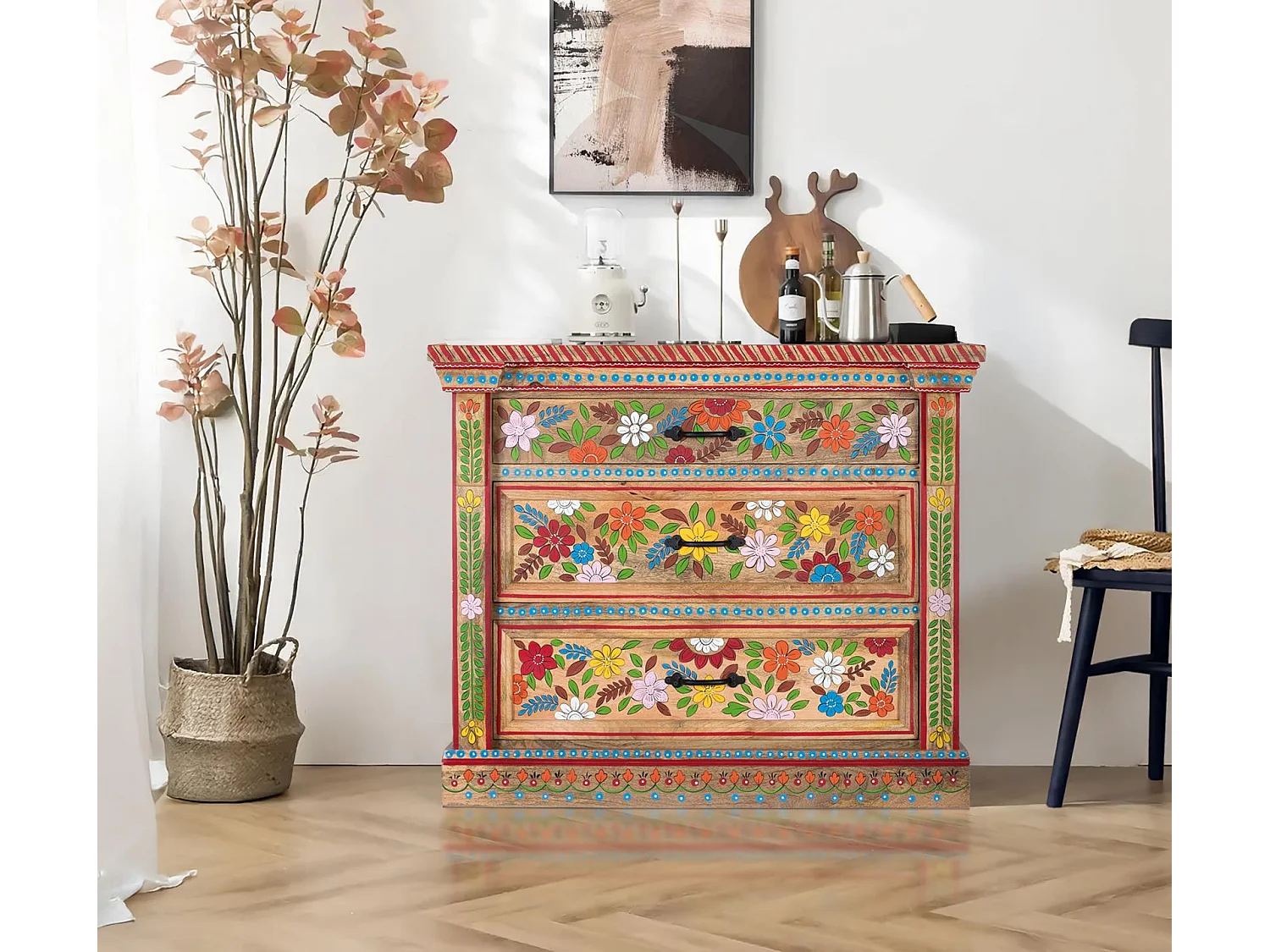 Commode en bois de manguier 92 cm, style ethnique artisanal - 78 x 92 x 48 cm