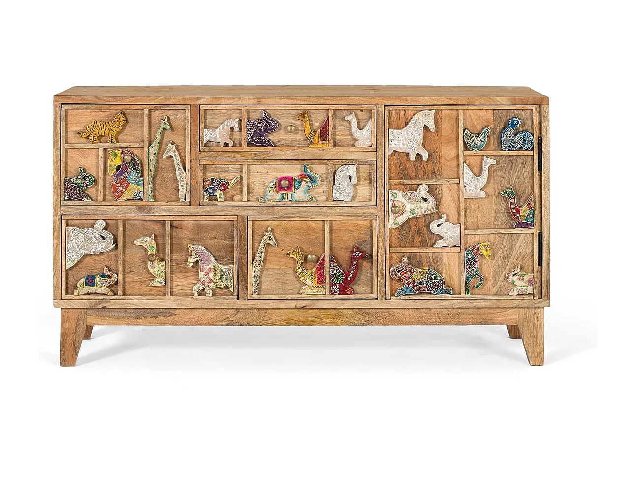 Kommode mit 5 Schubladen handgeschnitzt aus Mangoholz