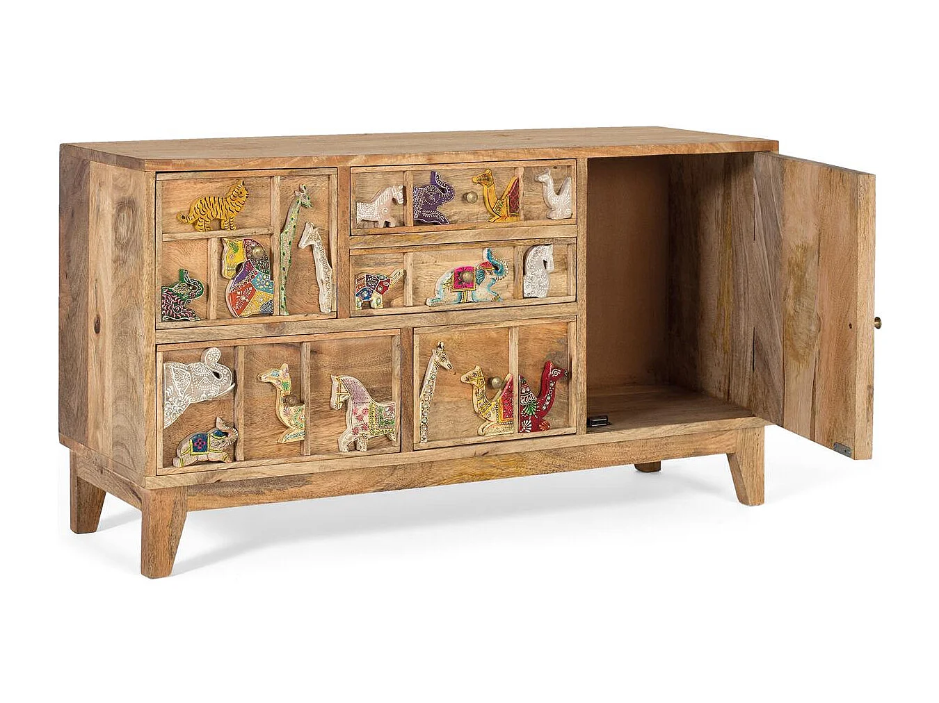 Kommode mit 5 Schubladen handgeschnitzt aus Mangoholz