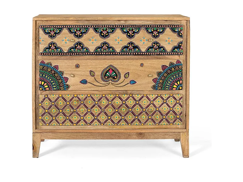 Commode en bois de manguier massif avec détails peints à la main