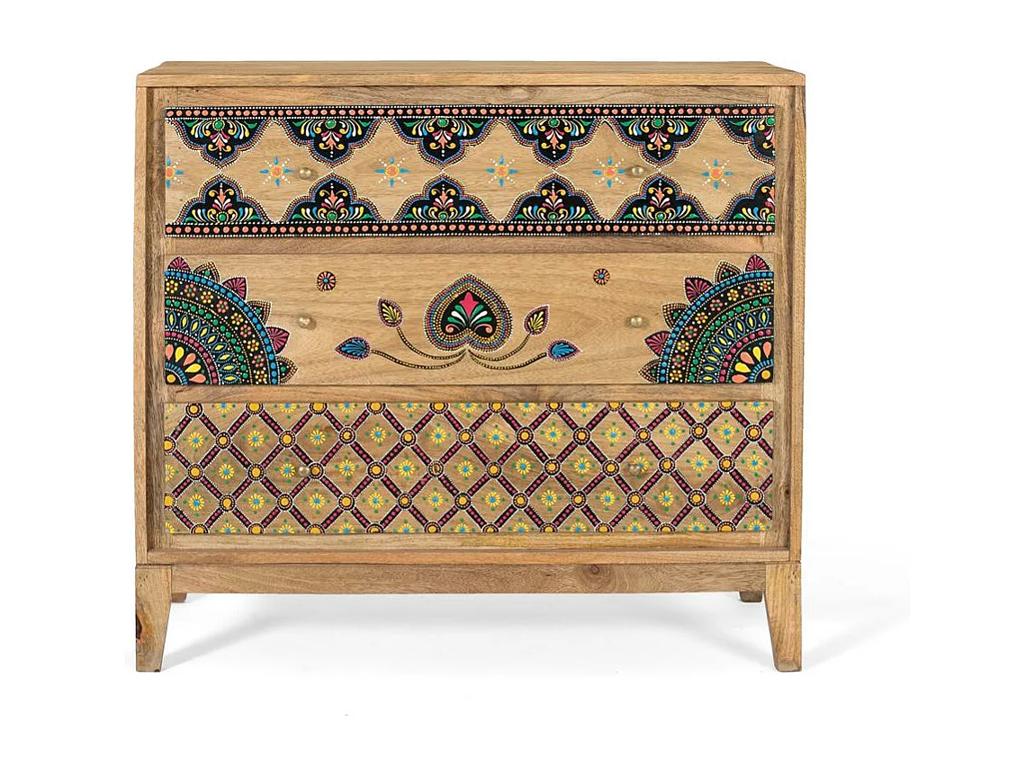 Kommode aus massivem Mangoholz mit handbemalten Details