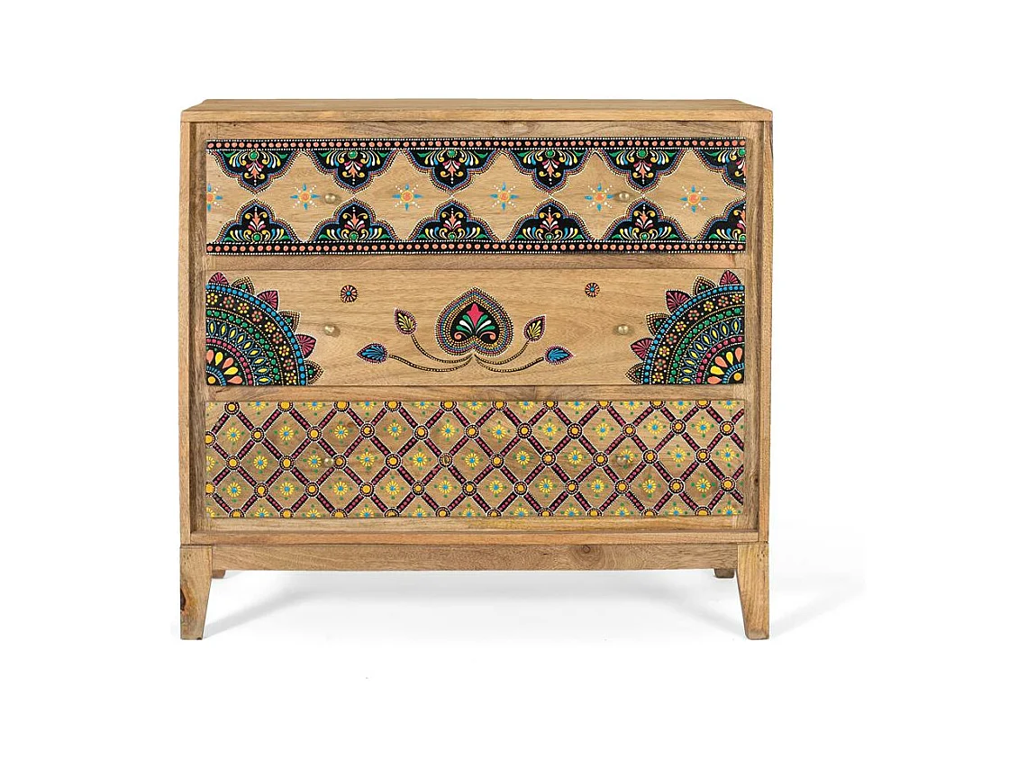 Commode en bois de manguier massif avec détails peints à la main