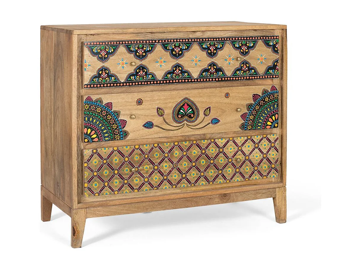 Cómoda en madera maciza de mango con detalles pintados a mano