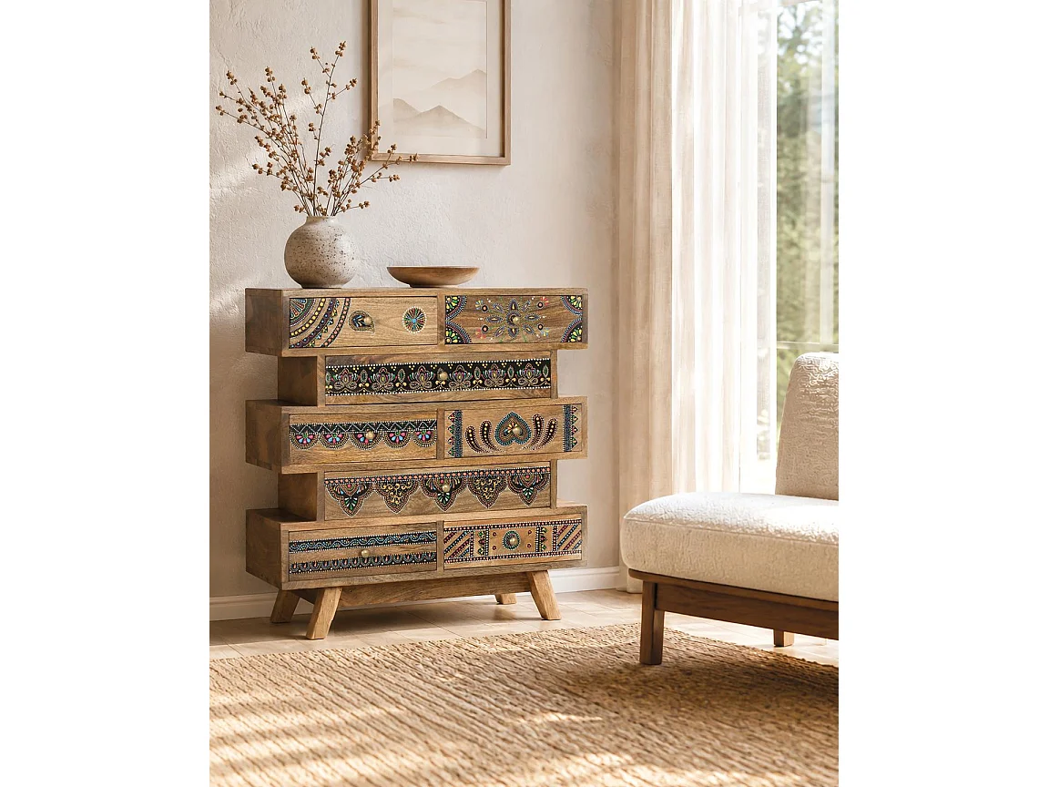 Table d'appoint en bois de manguier 65 cm, style bohème ethnique - 66 x 65 x 25