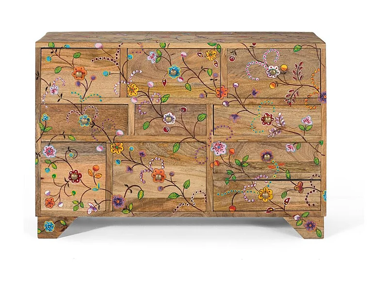 Commode avec 10 tiroirs sculptés à la main en bois de manguier
