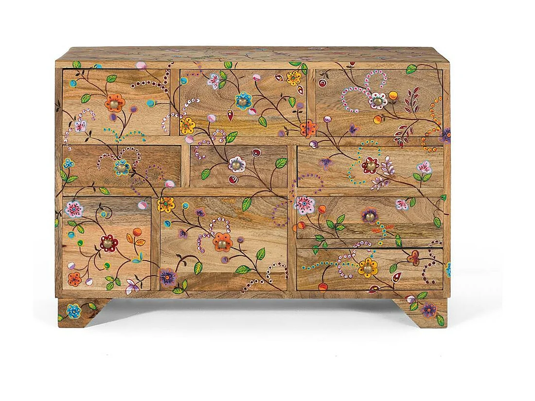 Cassettiera con 10 cassetti intagliata a mano in legno di mango