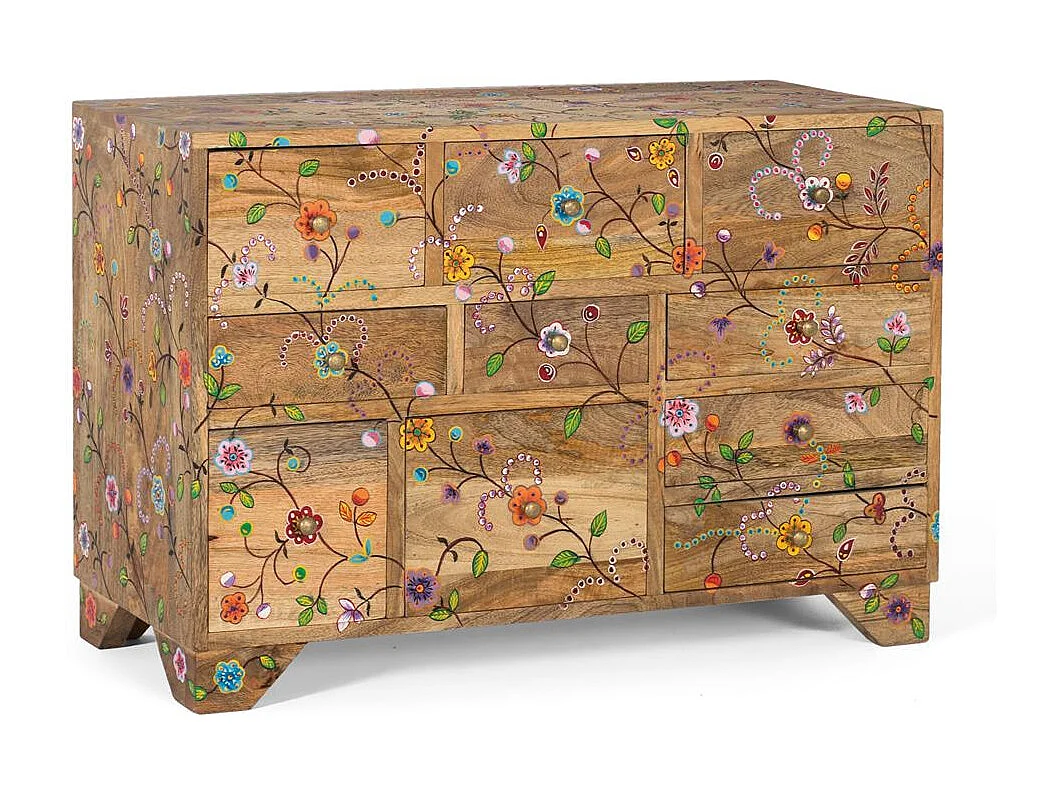 Cassettiera con 10 cassetti intagliata a mano in legno di mango