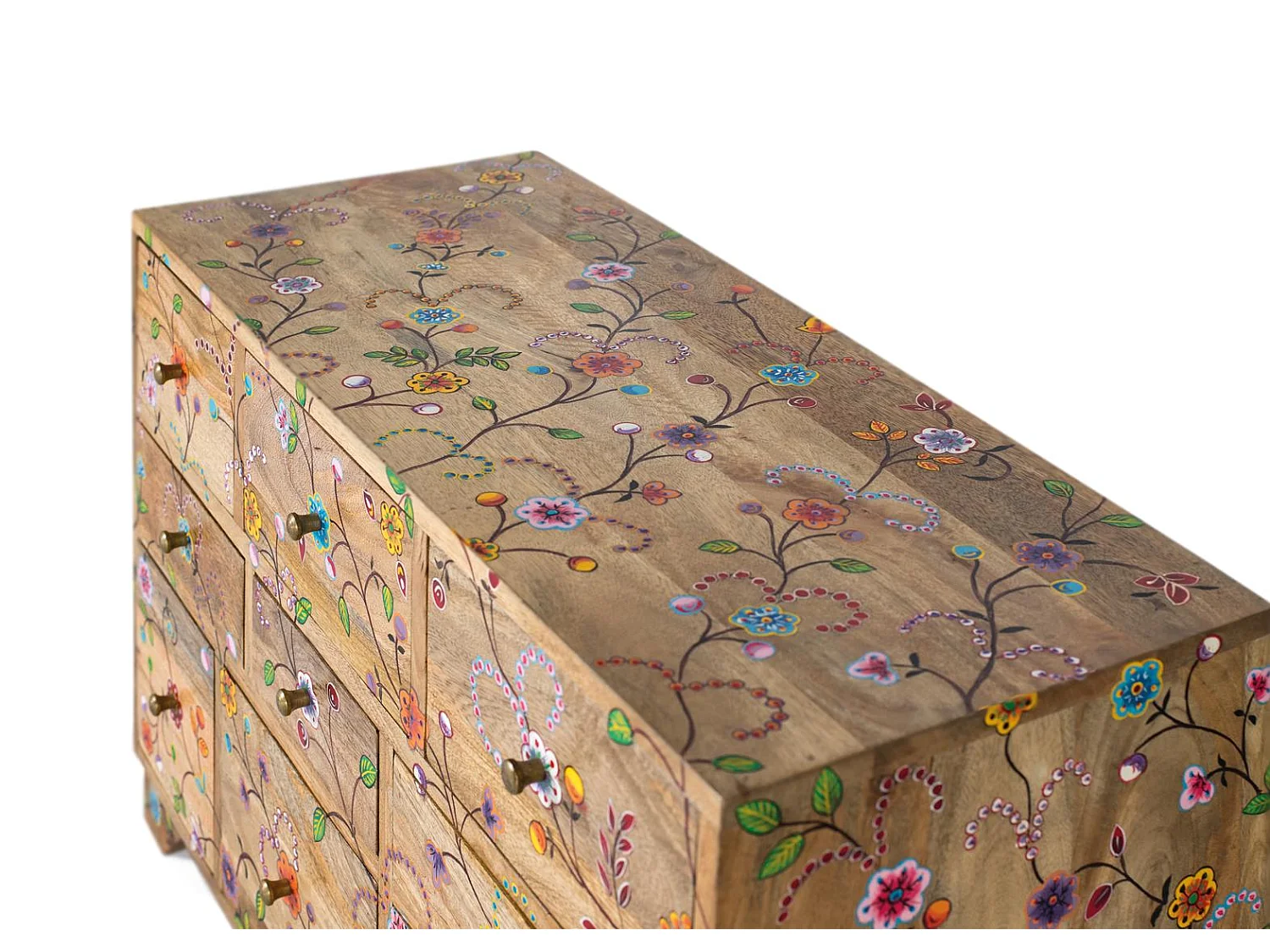 Cassettiera con 10 cassetti intagliata a mano in legno di mango