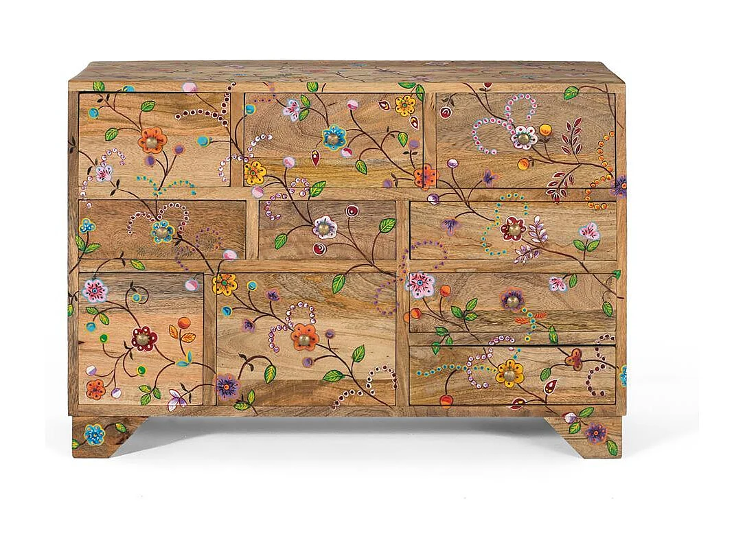Commode avec 10 tiroirs sculptés à la main en bois de manguier