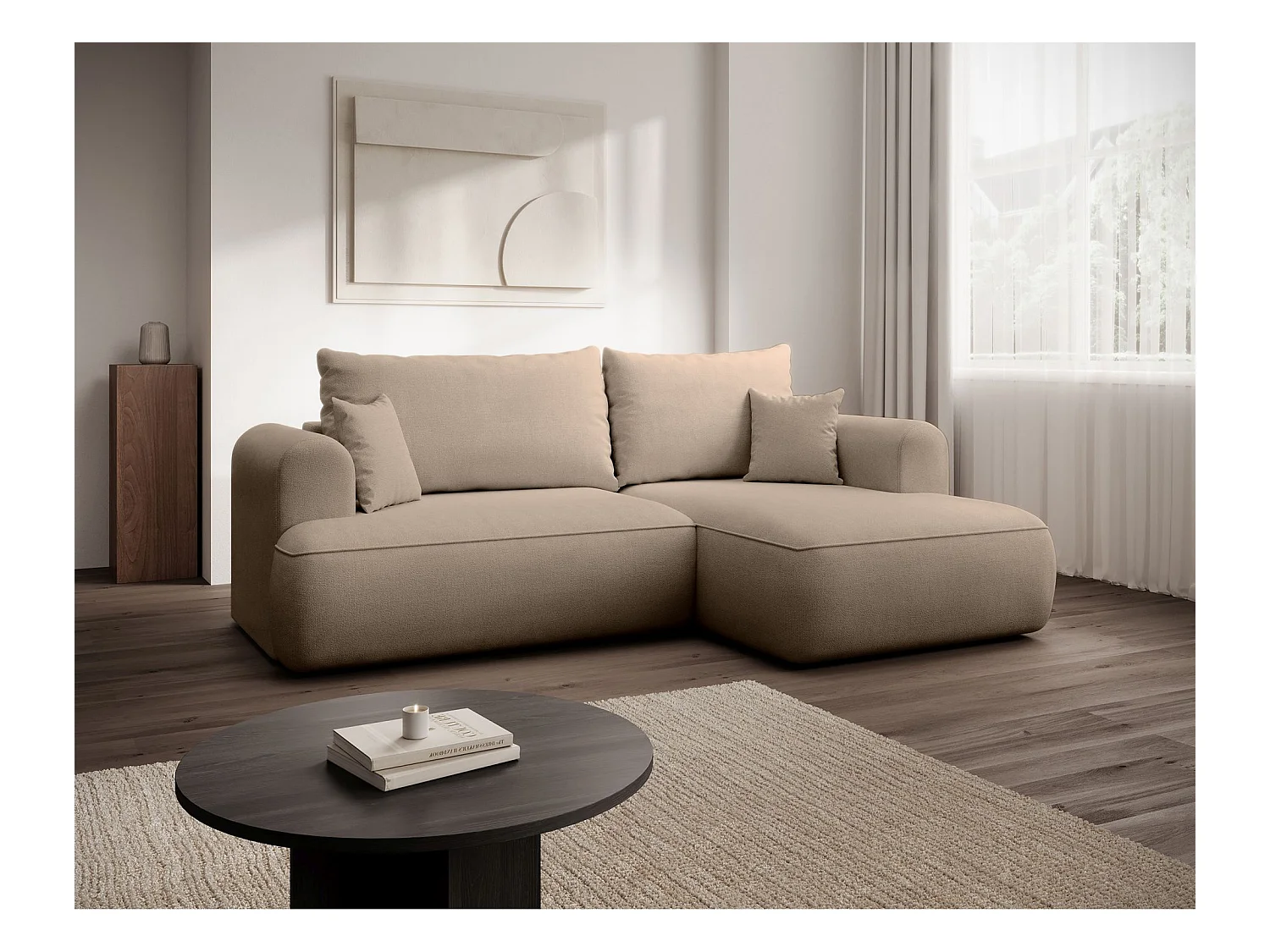 Canapé d'angle convertible- chenille beige- côté droit- OVO MINI
