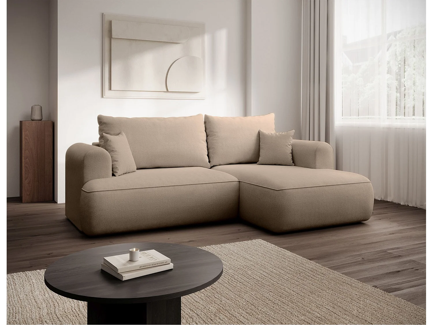 Canapé d'angle convertible- chenille beige- côté droit- OVO MINI