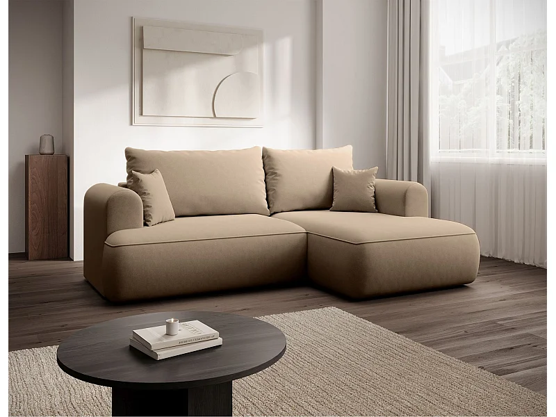 Eckschlafsofa rechtsseitig mit Stauraum - Easy-Clean-Samtbezug - beige - OVO MINI