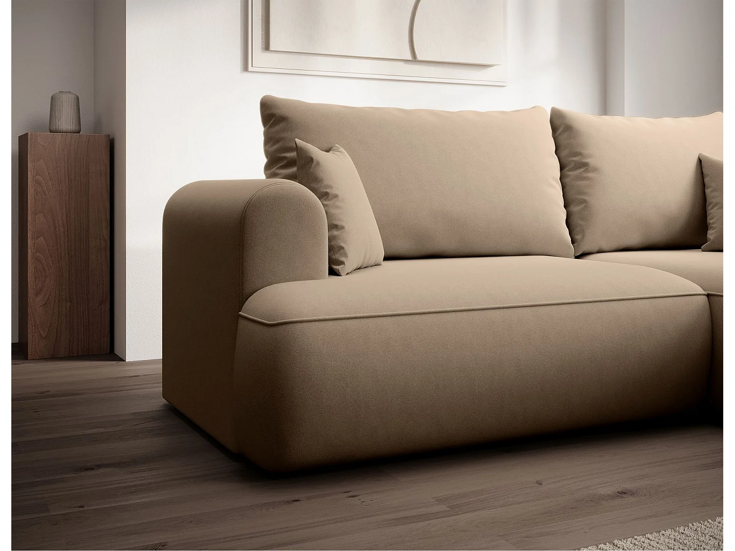 Eckschlafsofa rechtsseitig mit Stauraum - Easy-Clean-Samtbezug - beige - OVO MINI