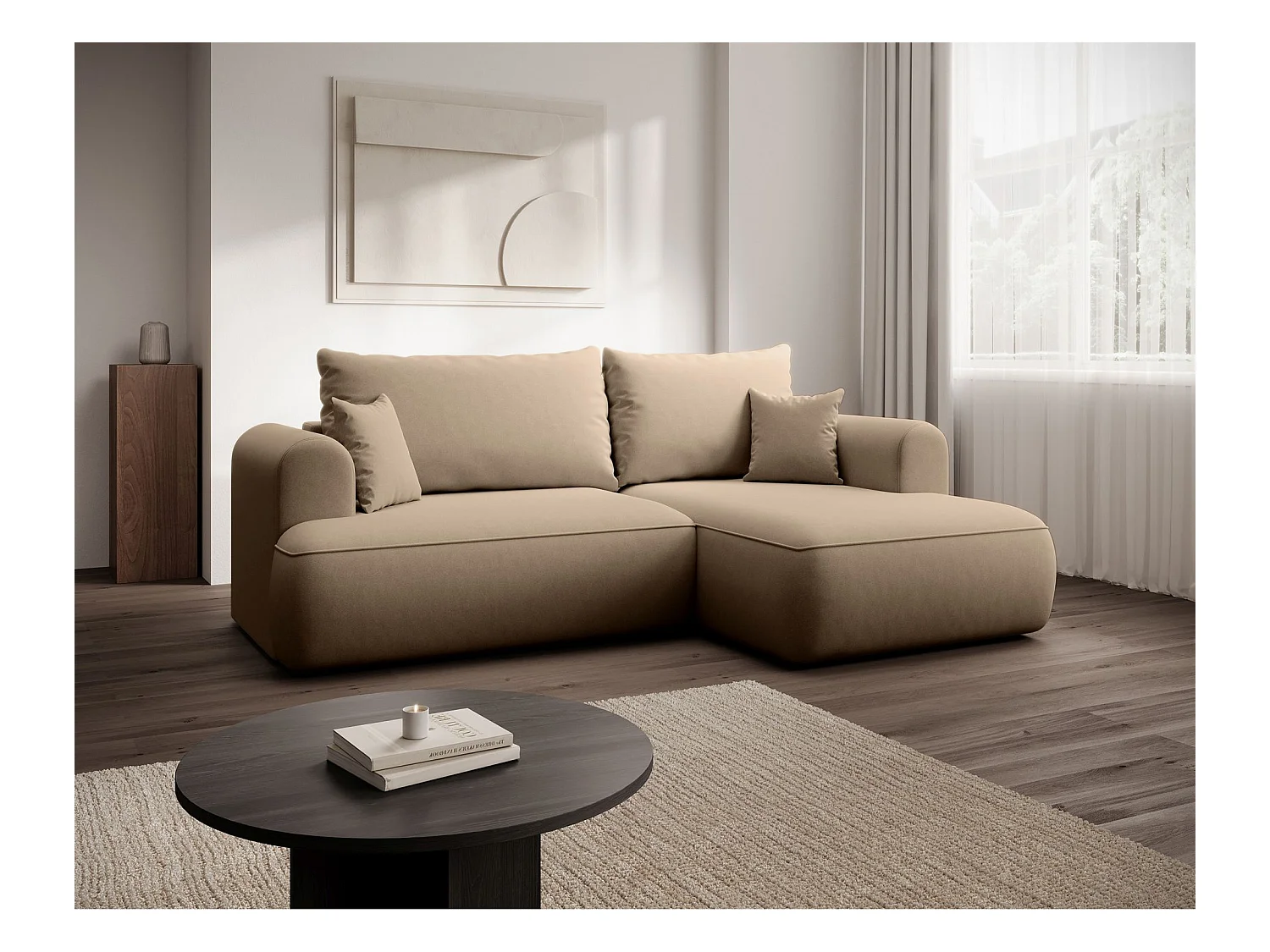 Canapé d'angle convertible - en velours beige - côté droit - OVO MINI