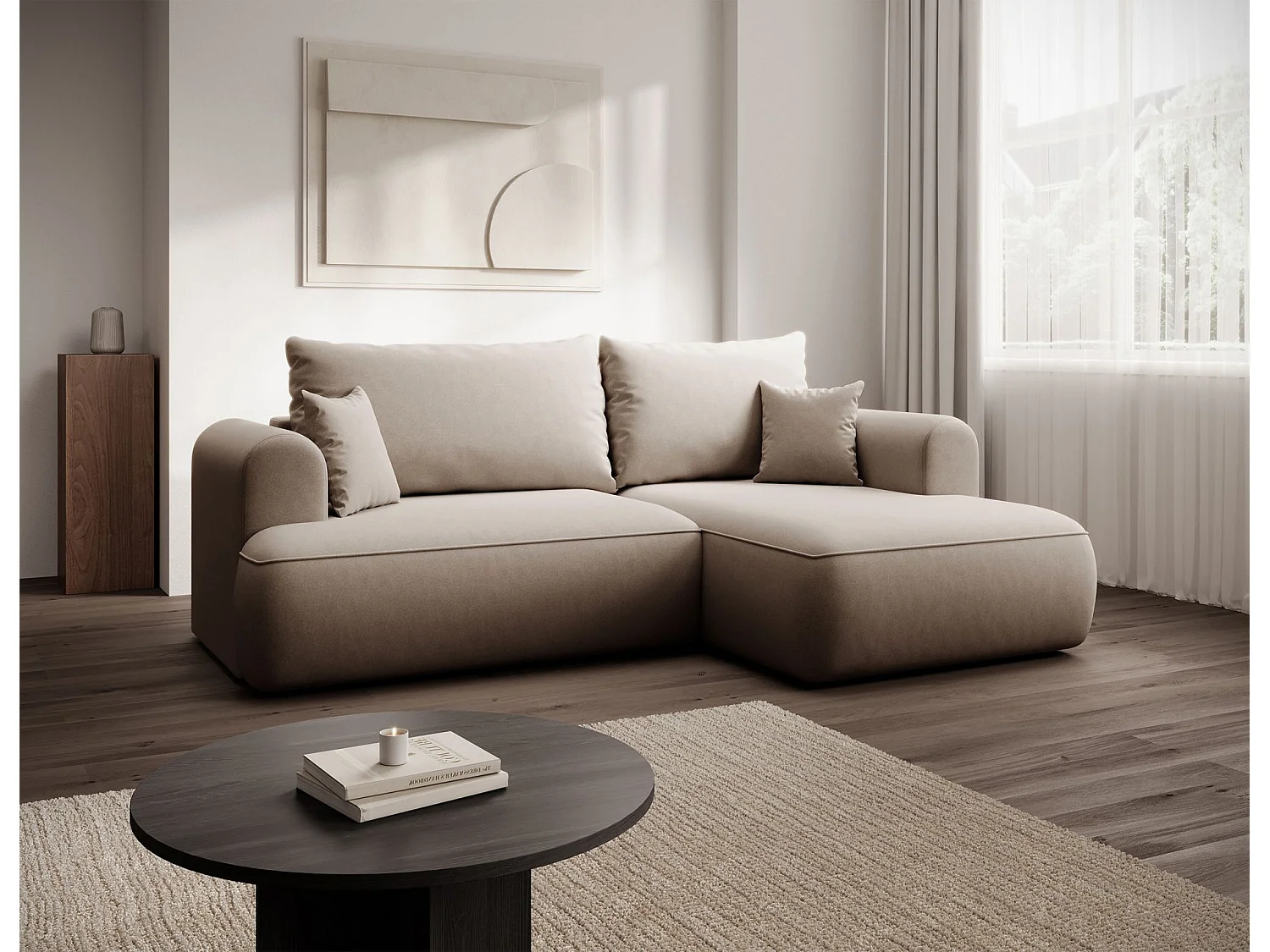 Canapé d'angle convertible - en velours beige - côté droit - OVO MINI