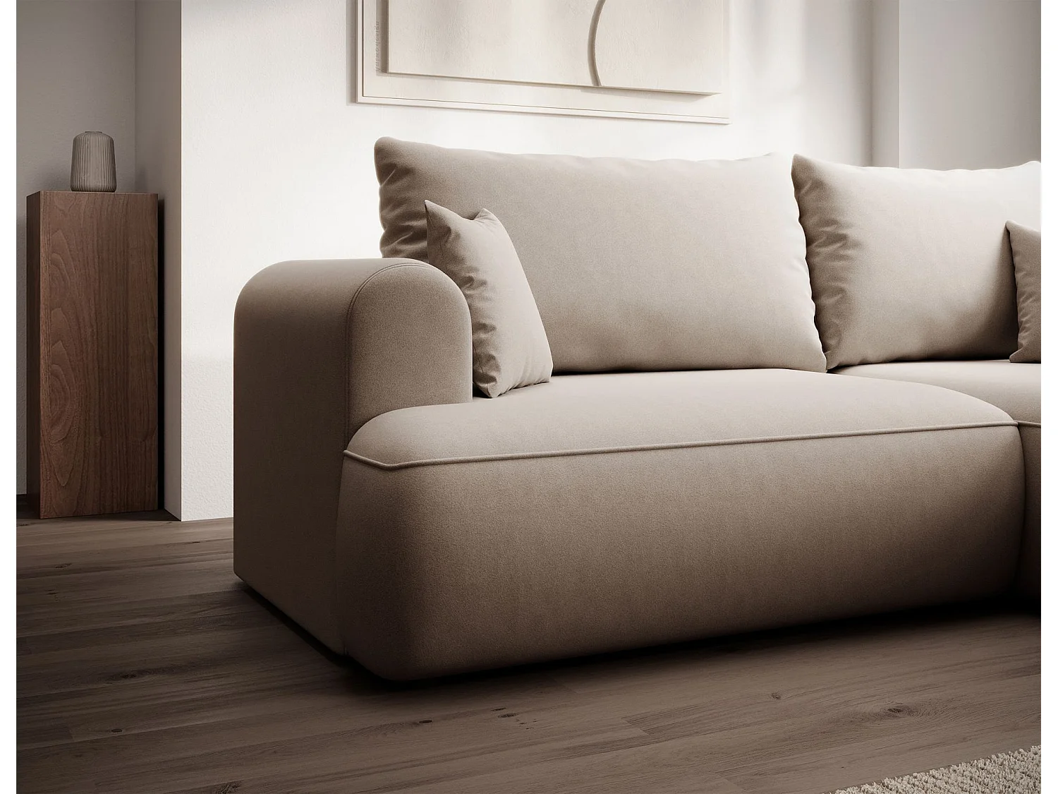 Canapé d'angle convertible - en velours beige - côté droit - OVO MINI