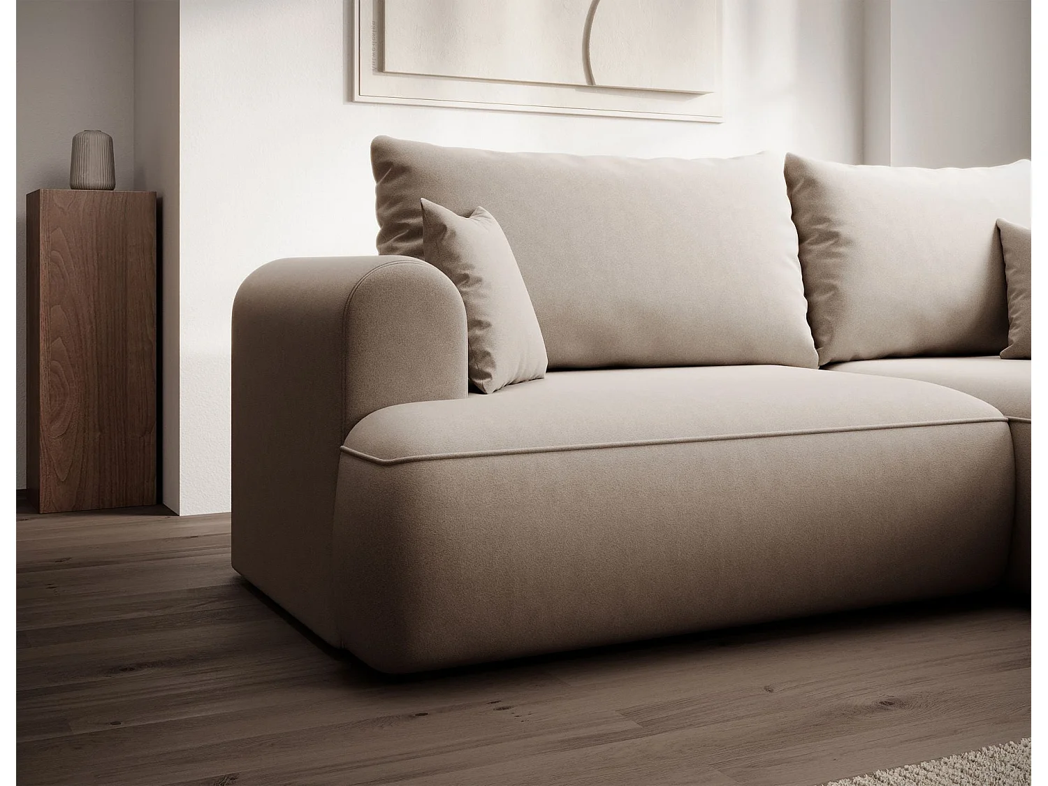 Canapé d'angle convertible - en velours beige - côté droit - OVO MINI
