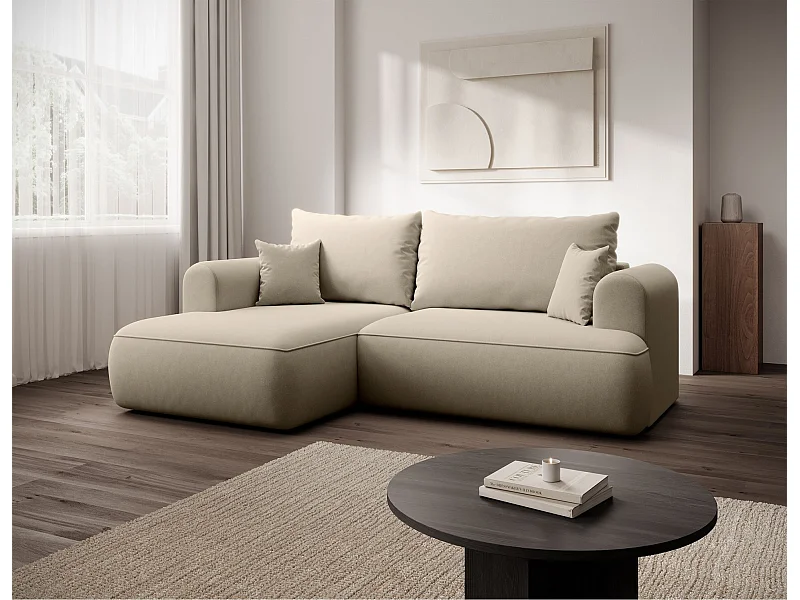 Eckschlafsofa linksseitig mit Stauraum - Easy-Clean-Samtbezug - hellbeige - OVO MINI