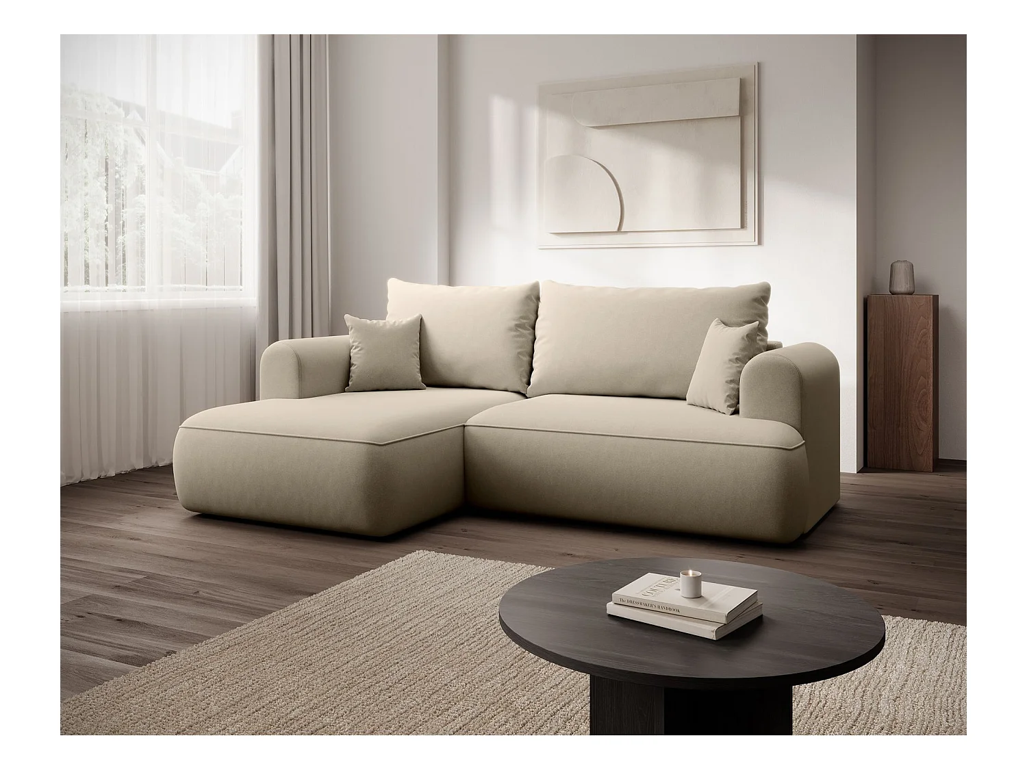 Canapé d'angle convertible - en velours beige clair - côté gauche - OVO MINI
