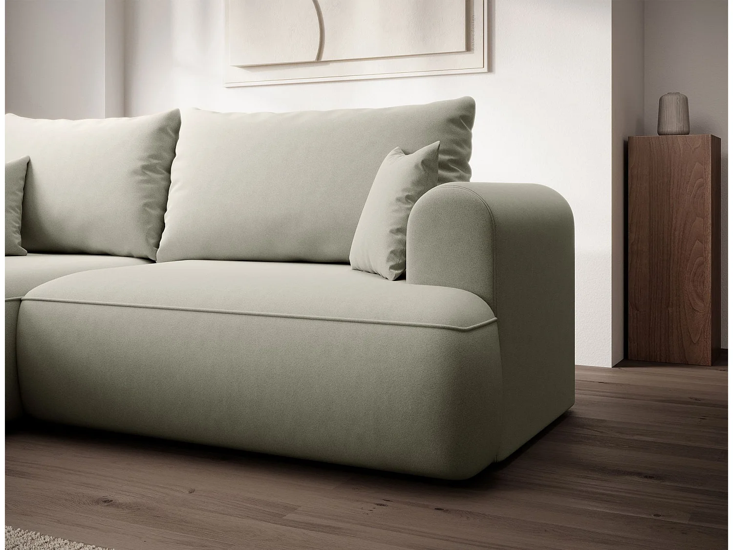 Canapé d'angle convertible - en velours beige clair - côté gauche - OVO MINI