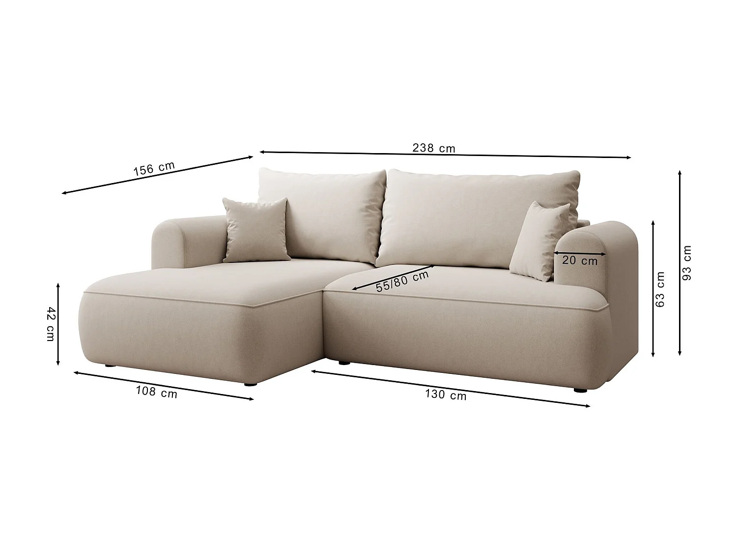 Canapé d'angle convertible - en velours beige clair - côté gauche - OVO MINI