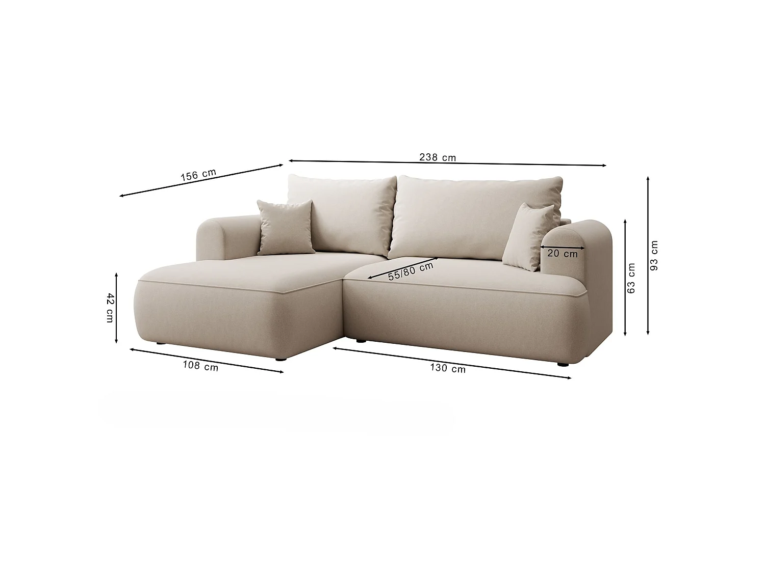 Canapé d'angle convertible - en velours beige clair - côté gauche - OVO MINI