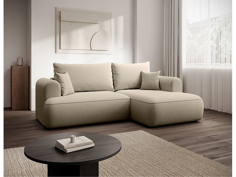 Eckschlafsofa rechtsseitig mit Stauraum - Easy-Clean-Samtbezug - hellbeige - OVO MINI