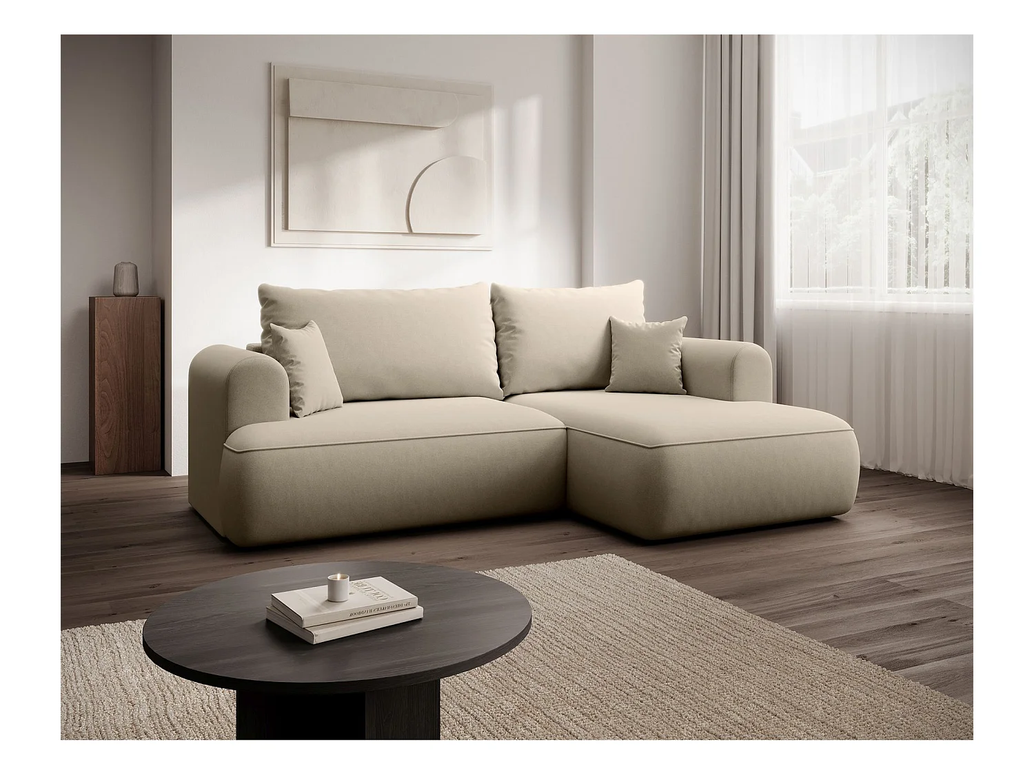 Canapé d'angle convertible - en velours beige clair - côté droit - OVO MINI