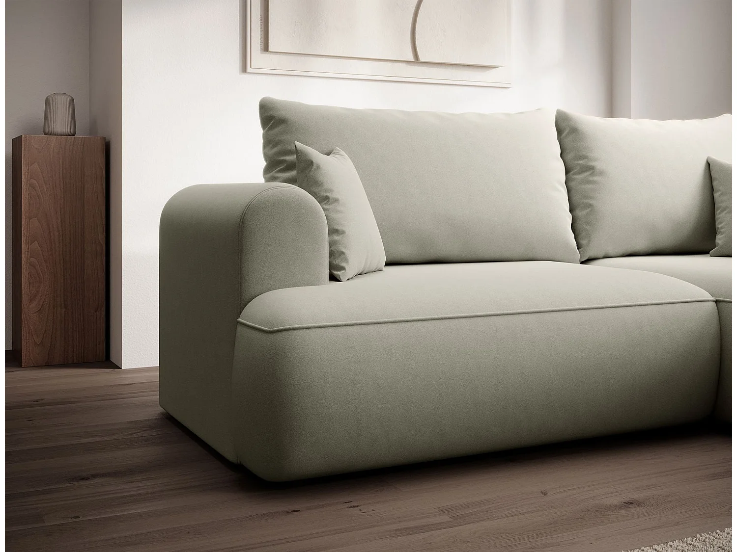 Eckschlafsofa rechtsseitig mit Stauraum - Easy-Clean-Samtbezug - hellbeige - OVO MINI