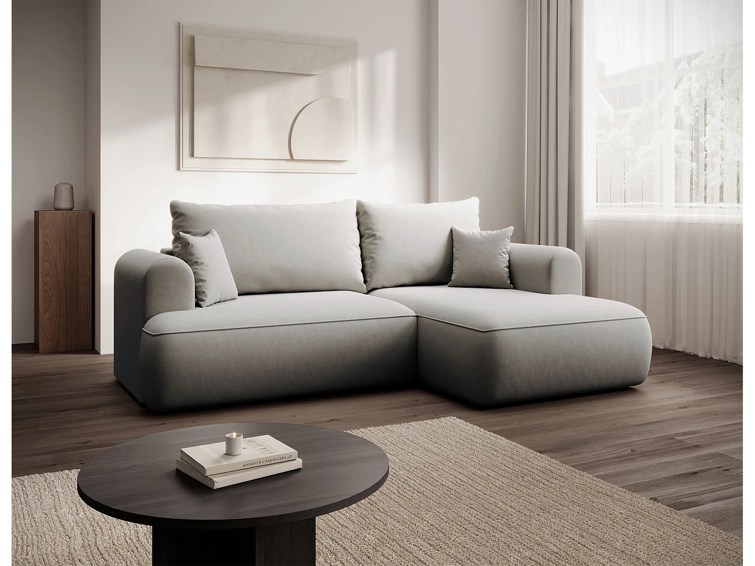 Canapé d'angle convertible - en velours gris - côté droit - OVO MINI