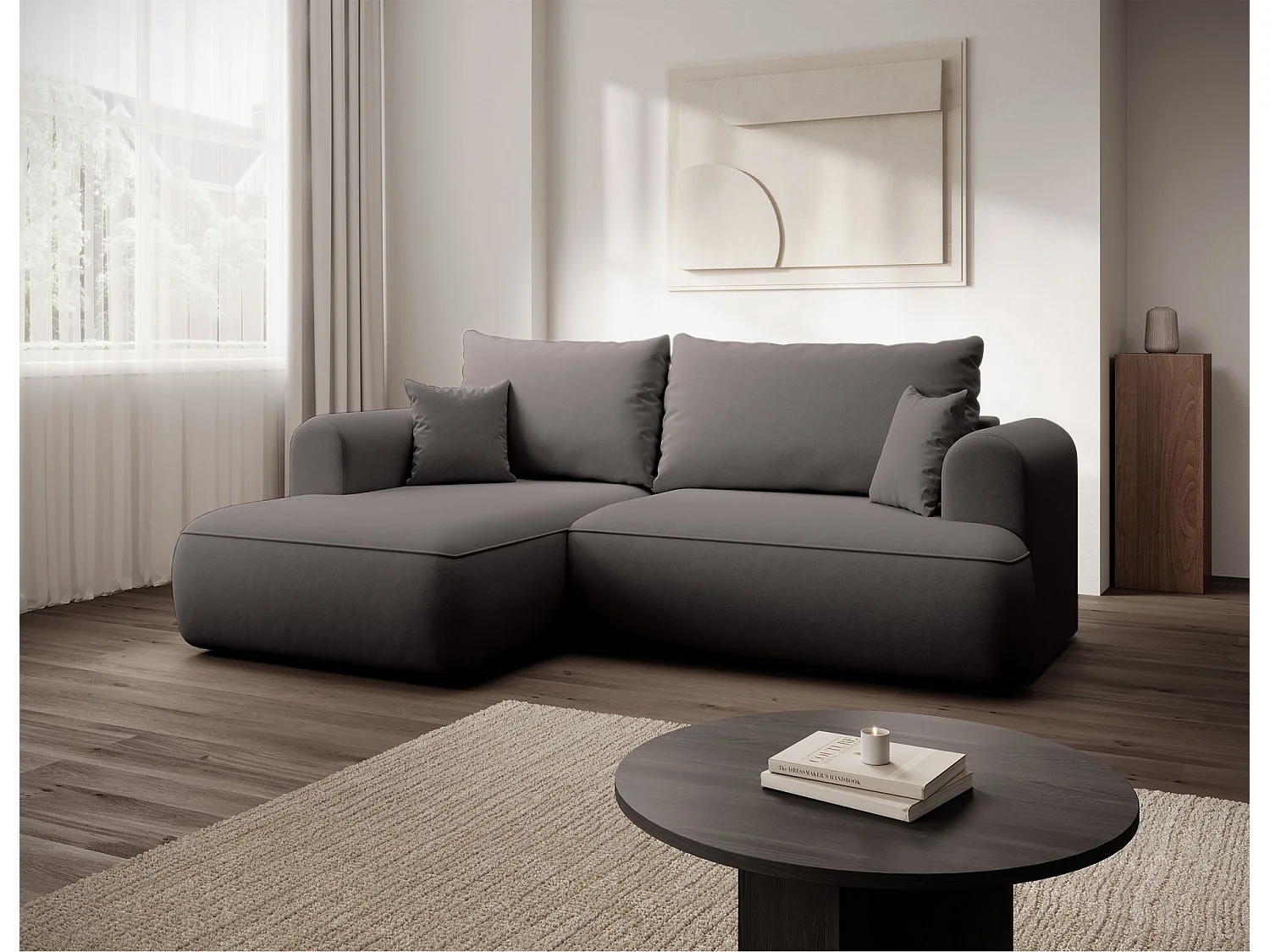 Eckschlafsofa linksseitig mit Stauraum - Easy-Clean-Samtbezug - dunkelgrau - OVO MINI