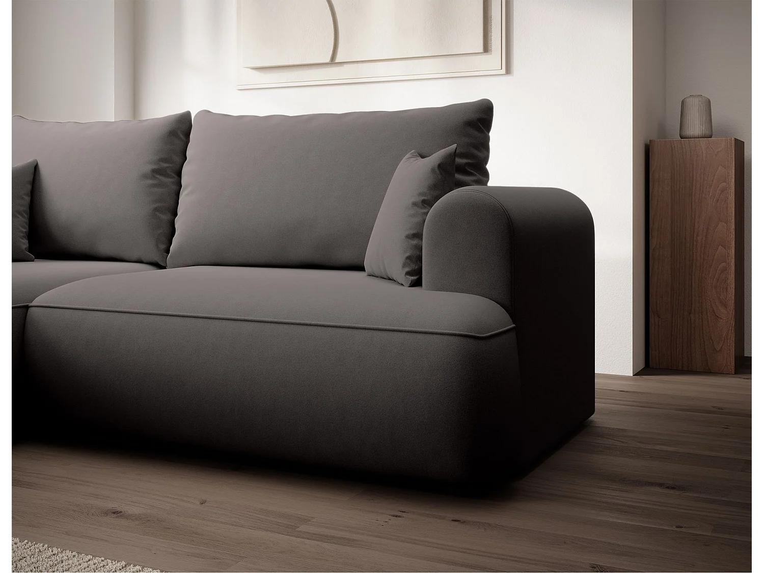 Eckschlafsofa linksseitig mit Stauraum - Easy-Clean-Samtbezug - dunkelgrau - OVO MINI