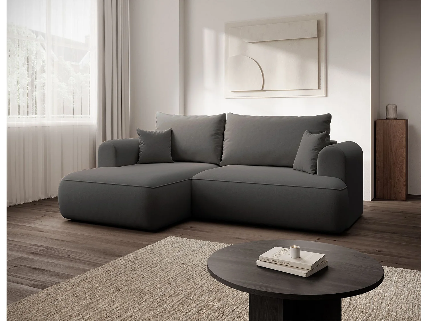 Canapé d'angle convertible - en velours gris foncé - côté gauche- OVO MINI