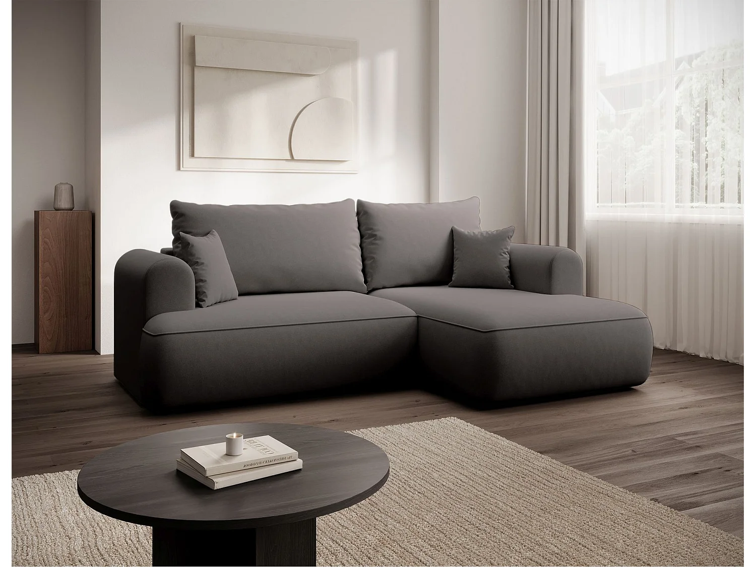 Eckschlafsofa rechtsseitig mit Stauraum - Easy-Clean-Samtbezug - dunkelgrau - OVO MINI