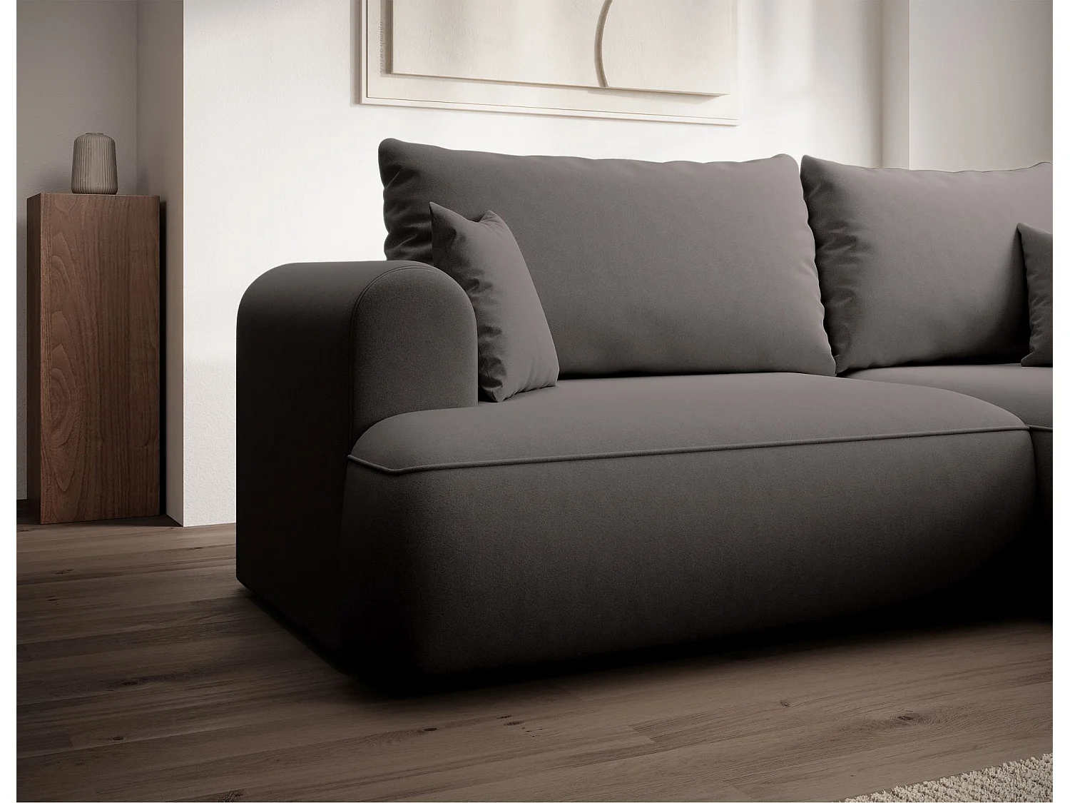 Eckschlafsofa rechtsseitig mit Stauraum - Easy-Clean-Samtbezug - dunkelgrau - OVO MINI