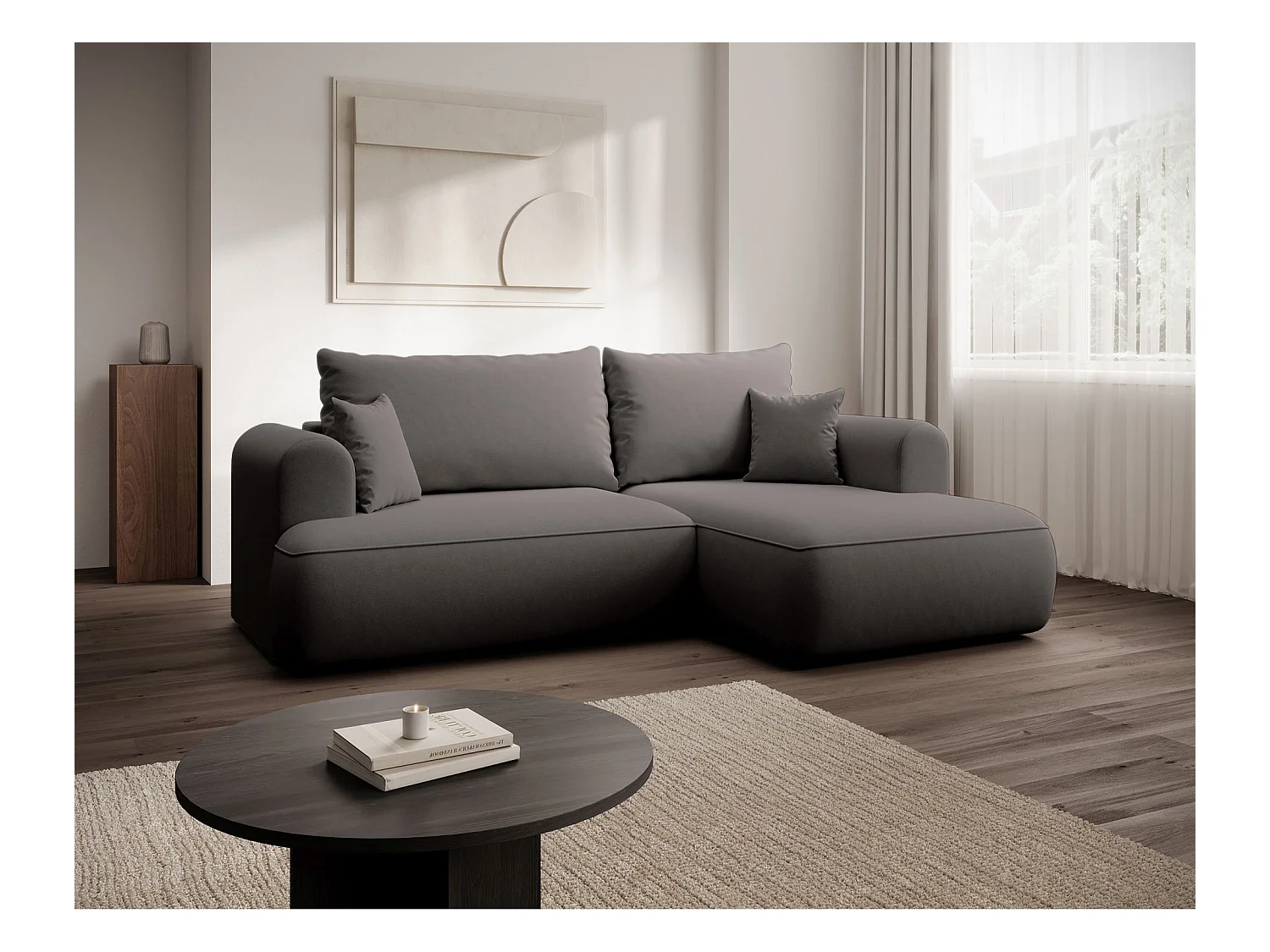 Canapé d'angle convertible - en velours gris foncé - côté droit - OVO MINI