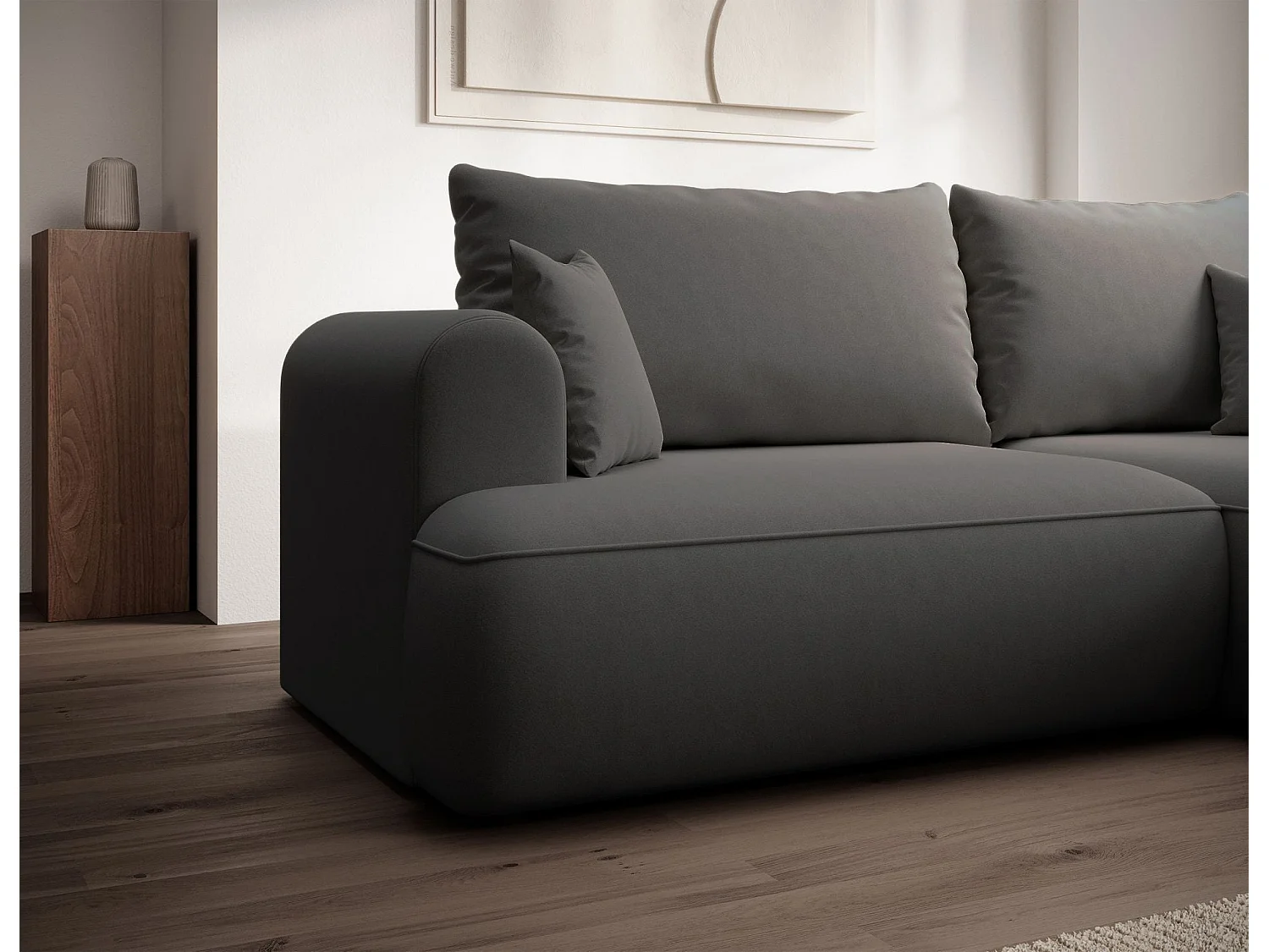 Canapé d'angle convertible - en velours gris foncé - côté droit - OVO MINI