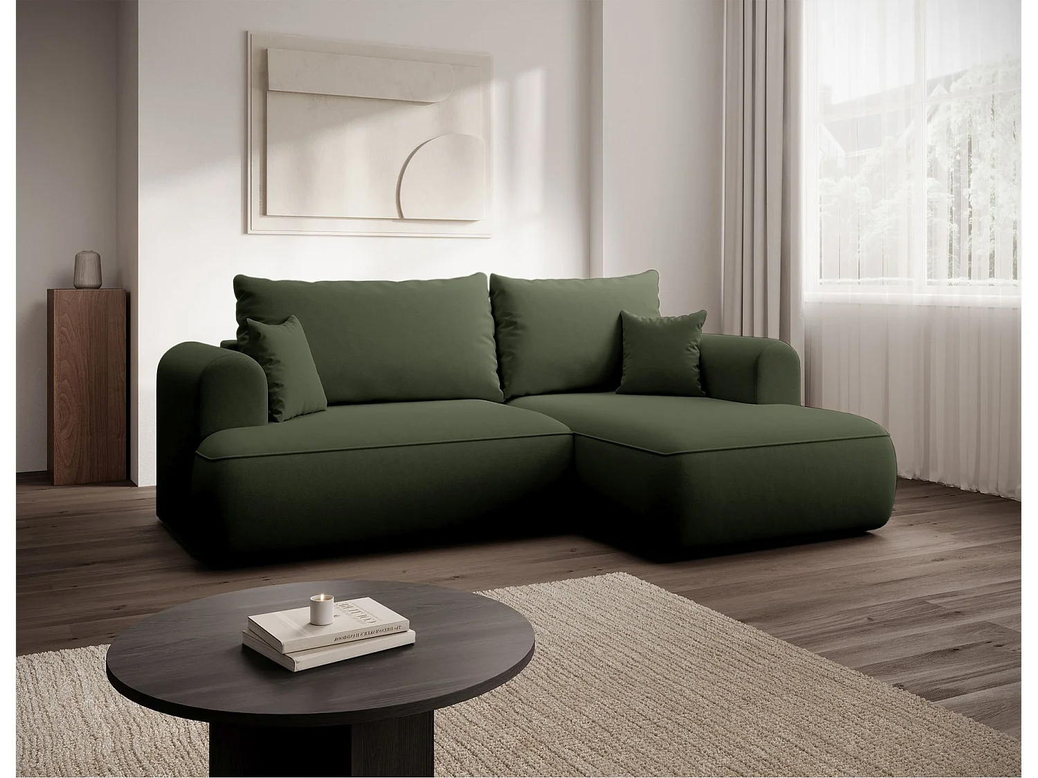 Canapé d'angle convertible - en velours olive- côté droit - OVO MINI