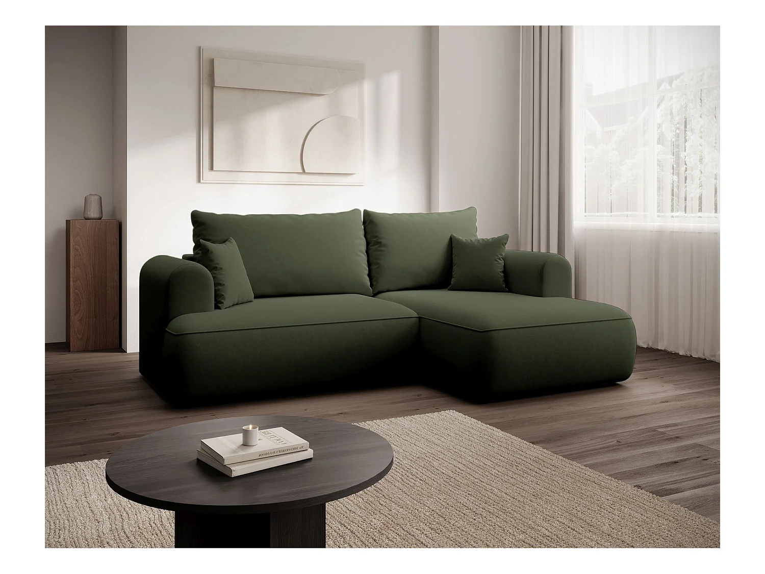 Canapé d'angle convertible - en velours olive- côté droit - OVO MINI