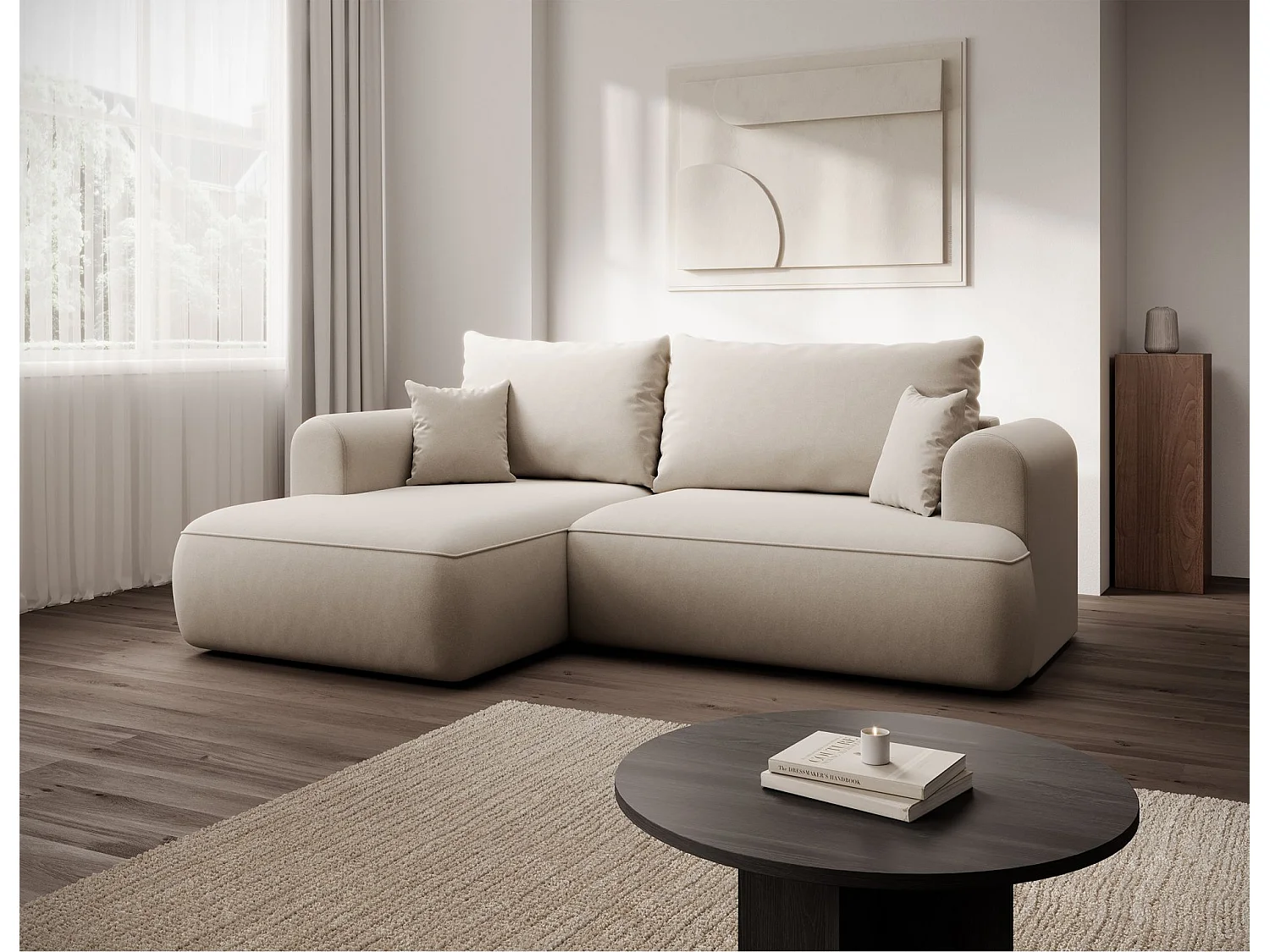 Eckschlafsofa linksseitig mit Stauraum - Easy-Clean-Samtbezug - creme - OVO MINI