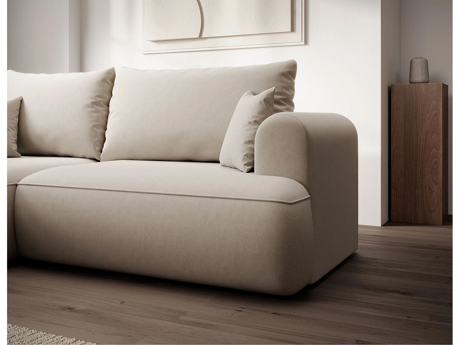Eckschlafsofa linksseitig mit Stauraum - Easy-Clean-Samtbezug - creme - OVO MINI