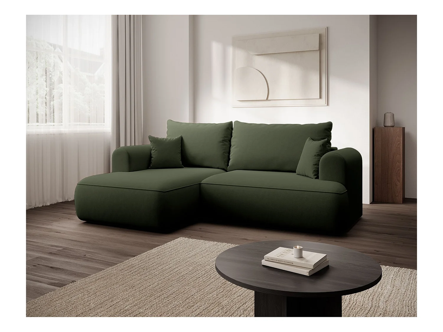 Canapé d'angle convertible - en velours olive- côté gauche - OVO MINI
