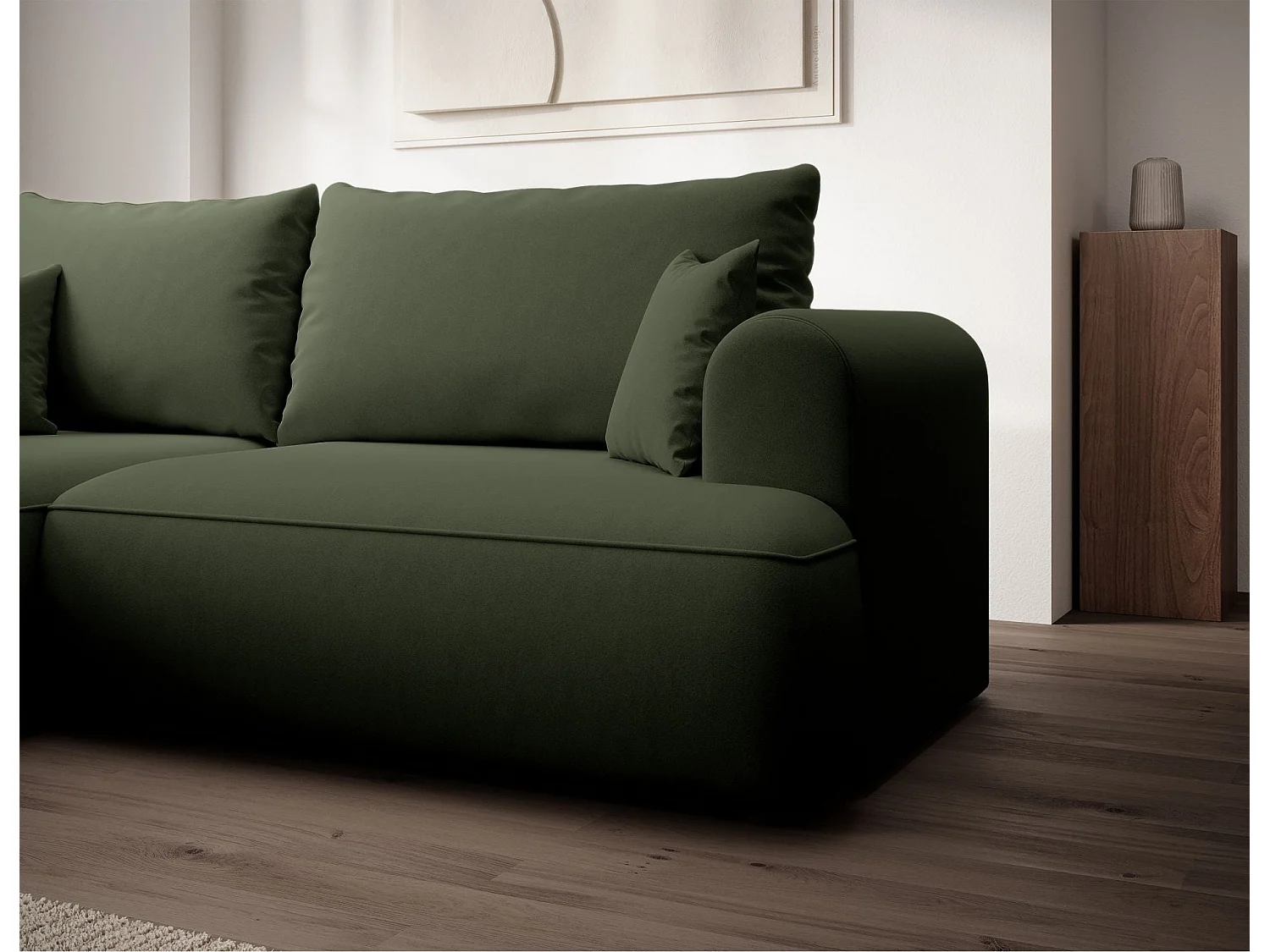 Canapé d'angle convertible - en velours olive- côté gauche - OVO MINI